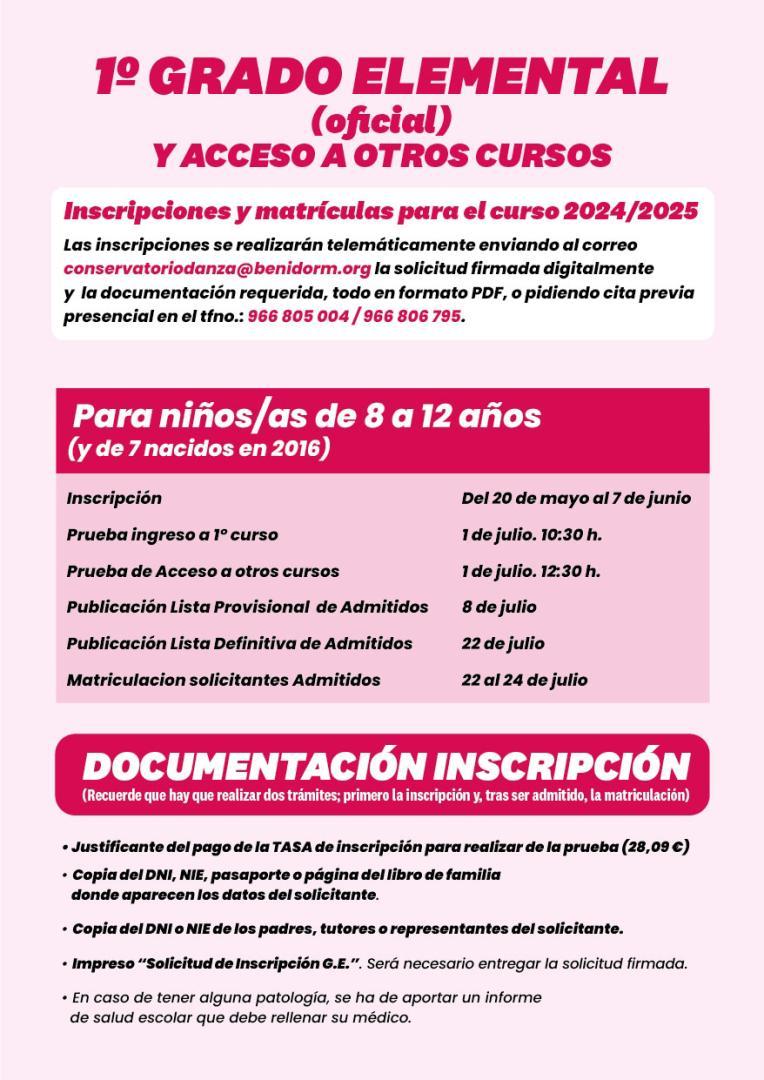 DATES AND INFORMATION FOR REGISTRATION OF ELEMENTARY LEVEL 2024/25